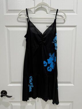 VENUS Y2K Black Blue Hibiscus Tropical Mini Dress Size L